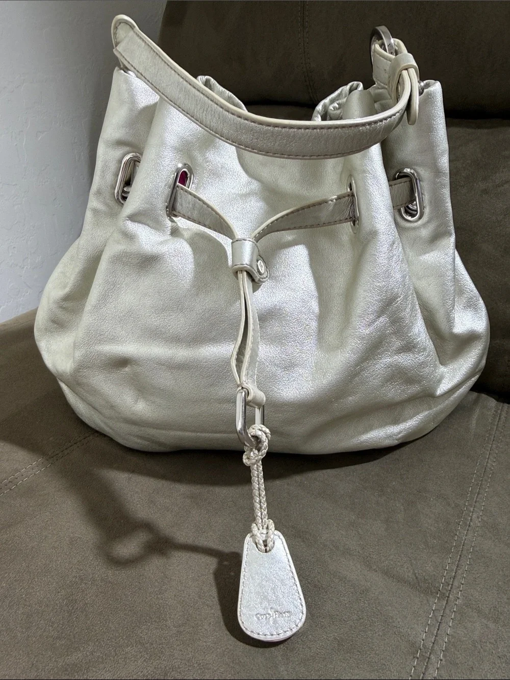 Cole Haan Metallic Silver Leather Drawstring Bucket Bag
